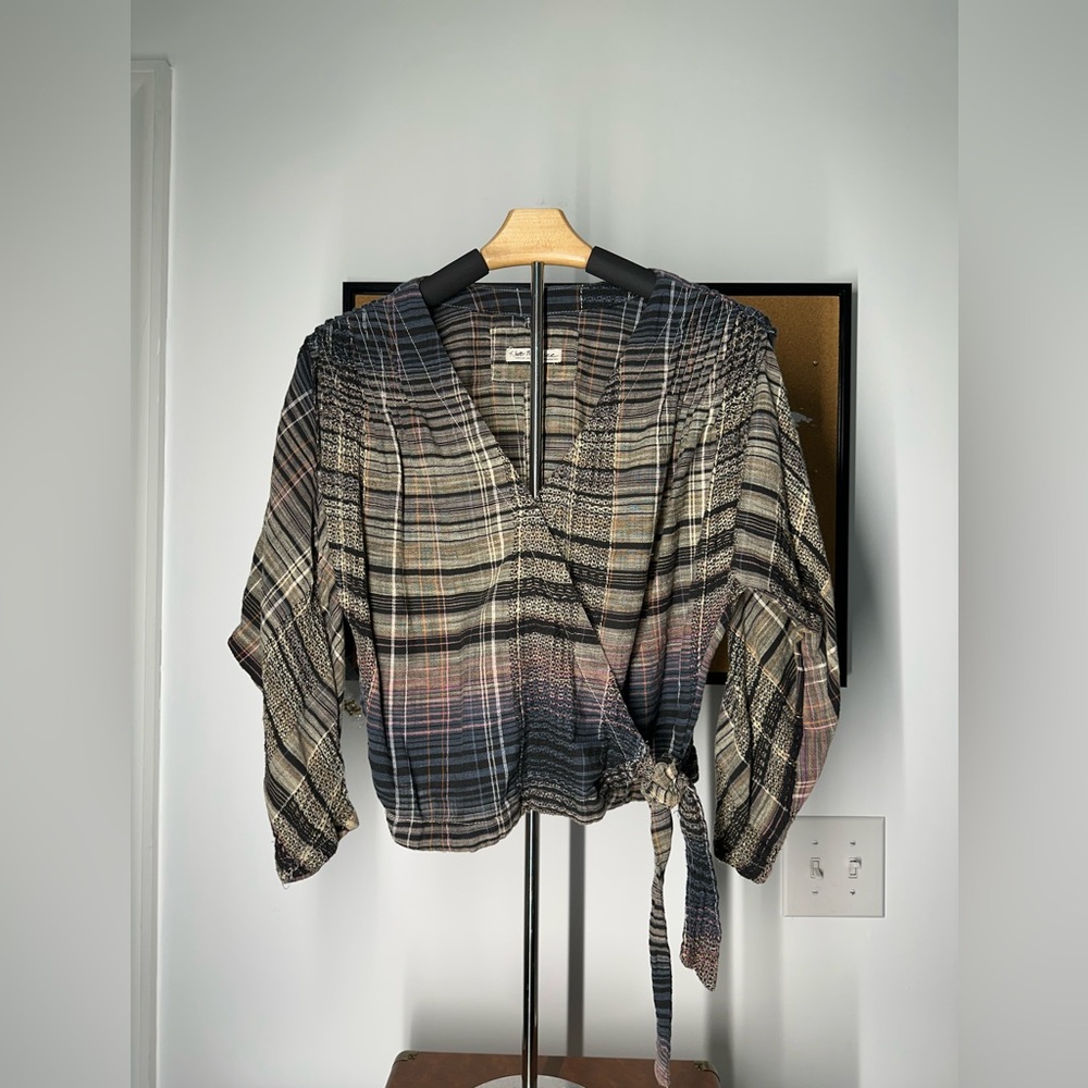 We The Free Plaid Wrap Front Top in Beautiful Plaid Colors. Size M